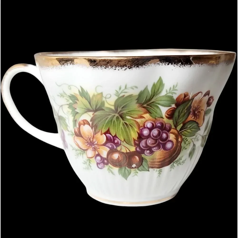 RARE VINTAGE ROYAL MINSTER TEA CUP AND SAUCER FINE BONE CHINA FLOWERS AND FRUITS